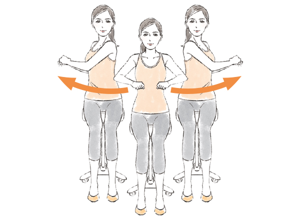 椅子に腰掛け、両足をそろえ顔を正面に向けたまま左右の肩を交互に前に突き出すように体を回しているイラスト