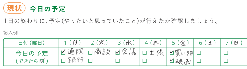 今日の予定　1日の終わりに、予定（やりたいと思っていたこと）が行えたか確認しましょう。